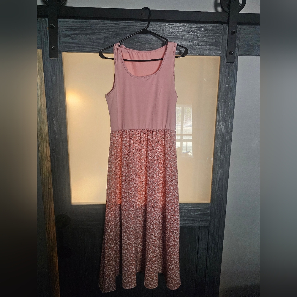 Pink Flower Mid Length Sundress, size Large, Pink